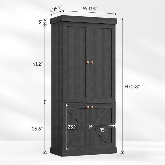 Vyre 70.8" Tall Bookshelf with Doors, Farmhouse Modular Bookcase with 4-Tier Adjustable Shelves, Large Storage Cabinet for Home Office, Living Room, Black, Set of 4