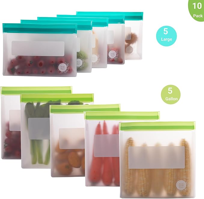 Reusable Food Storage Bags ??10-Pack Stand-Up, BPA-Free, Freezer, Dishwasher Safe & Eco-Friendly ??5 Gl, 5 L Bags ??Airtight Leakproof Ziplock Bags for Kitchen Storage (Multicolor)