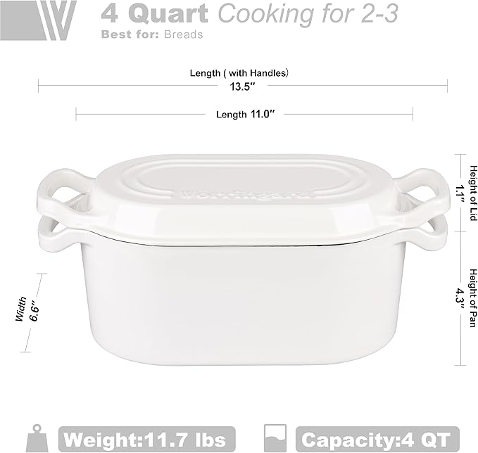 Oval Dutch Oven Pot with Lid, Enamel Coating Cast Iron Bread Pans for Homemade Sourdough Bread Baking, Cooking, 4 Quart, White