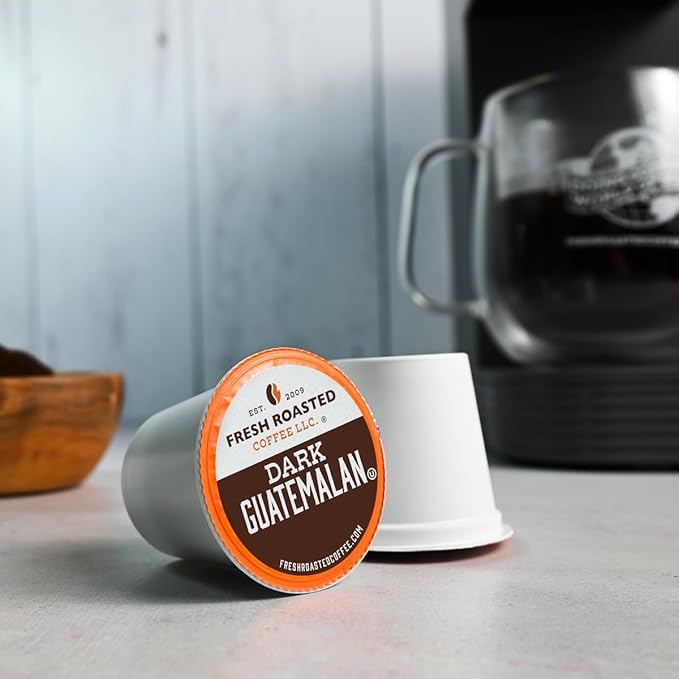 Fresh Roasted Coffee, Dark Guatemala Huehuetenango, Dark Roast, 24 Pods for K Cup Brewers