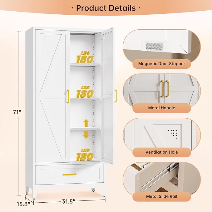 71" White Kitchen Pantry Cabinet,4-Tier Tall Metal Storage Cabinet with Drawer,Freestanding Display Steel Cupboard for Dining Room,Living Room,Hallway,Bathroom