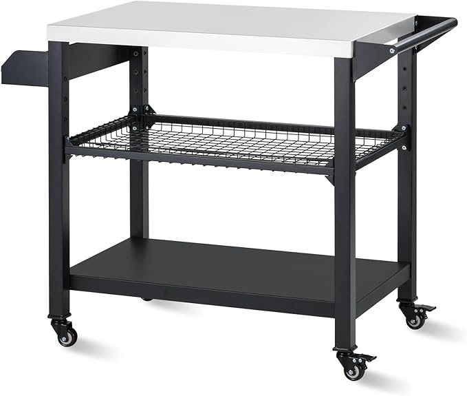 Polar Aurora Three-Shelf Movable Outdoor Grill Cart Pizza Oven Stand, Multifunctional Kitchen Food Prep Table with Drawer, Stainless Steel Desktop Dining Worktable on 4 Wheels & Seasoning Tray