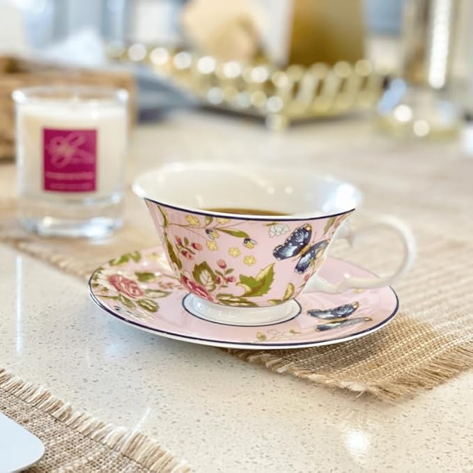 Aynsley Cottage Garden Windsor Fine Bone China Teacup & Saucer - 7.5oz (220ml), Elegant Windsor Shape, Christmas Gift for Tea Lovers, British Craftsmanship-Pink