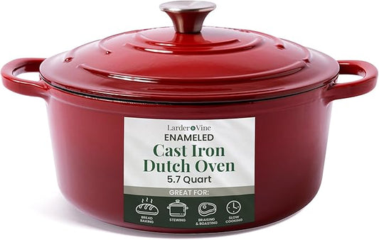 Larder & Vine Enameled Cast Iron Dutch Oven Pot with Lid | Bread Baking | Compatible on All Cooktops & Oven Safe to 500째 F | Great for Sourdough Bread | Cabernet