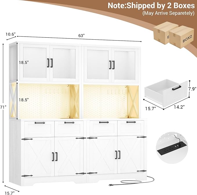 Unikito 71" Tall Kitchen Pantry Storage Cabinet with LED Light & Outlet, 63" Wide Kitchen Hutch Cabinet with Large Countertop, DIY Pegboard and Drawers, Farmhouse Food Pantry for Living Room, White