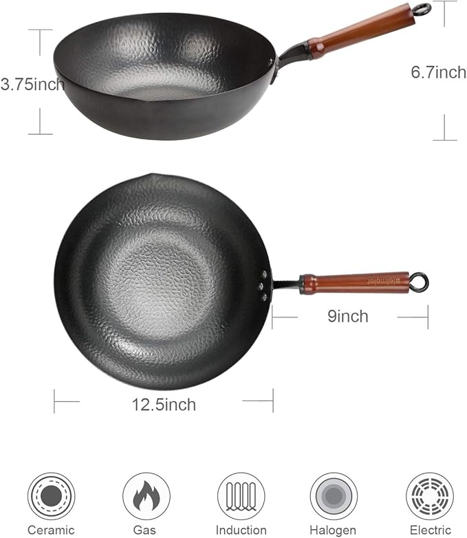 BIELMEIER Wok Pan 12.5", Stir Fry Pan with Lid, Gloves & Cookware Accessories, Carbon Steel, Suitable for All Stoves (Flat Bottom)