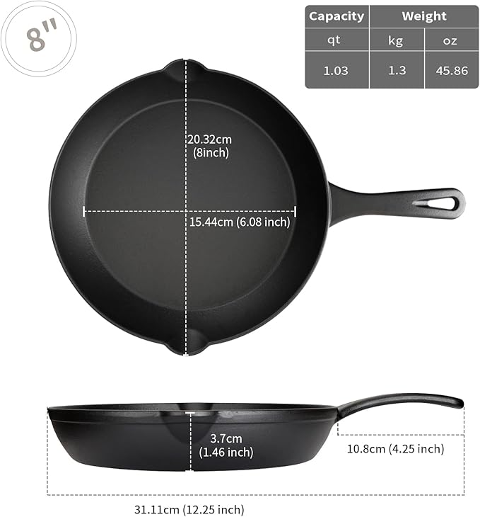 8 Inch Cast Iron Skillet ??Pre-Seasoned Frying Pan, Durable Nonstick Cookware for Christmas Holiday Meals, Oven Safe Pan for Kitchen & Camping