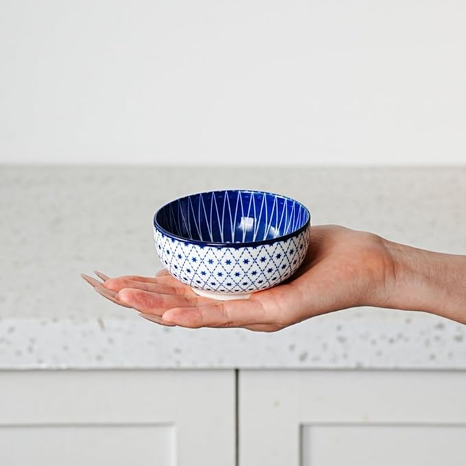 Cerkik Ceramic Dipping Bowls Set - Mini 4 Oz Dessert Bowls - Small 3.5 Inch Porcelain Bowls for Side Dishes, Snack, Yogurt, Appetizer - Microwave Dishwasher Safe - Set of 6 - Vintage Blue