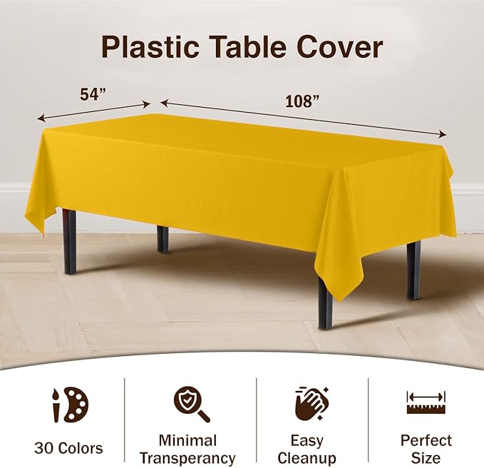Exquisite Party Solids 6-Pack Premium Plastic Tablecloth 54in. x 108in. Rectangle Plastic Table Cover - Yellow