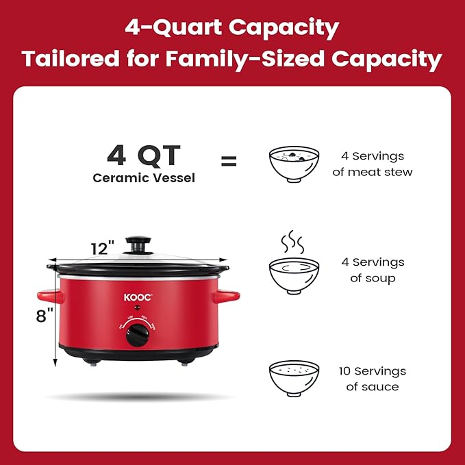 KOOC 4-Quart Slow Cooker, 3 Cooking Settings, Dishwasher Safe Ceramic Crock, Lid, Free Pot Liners Included, RED, Ellipse Pot
