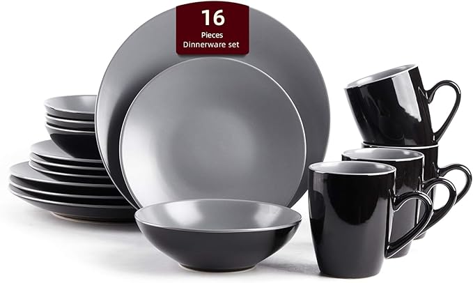 Stoneware Two-Tone Colors Life 16pc Dinner Set, Outside Shiny Black + Insdie Matte Glaze Light Grey