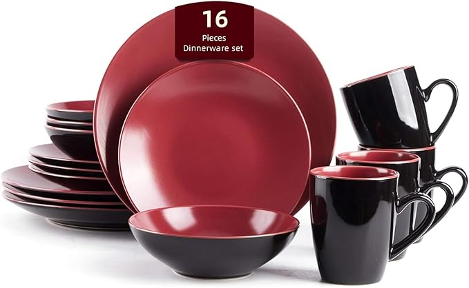 Colors Life 16pc Dinnerware Set竊똕hiny Black and Matte Berry