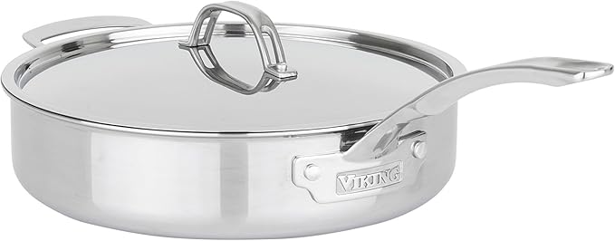 Viking PureGlide Pro 3-Ply Nonstick Saut챕 Pan with Lid, Made without PFAS, 4.5-Quart Induction Deep Frying Pan with Helper Handle, Metal Utensil Safe Titanium Nonstick Surface, Oven Safe to 600F