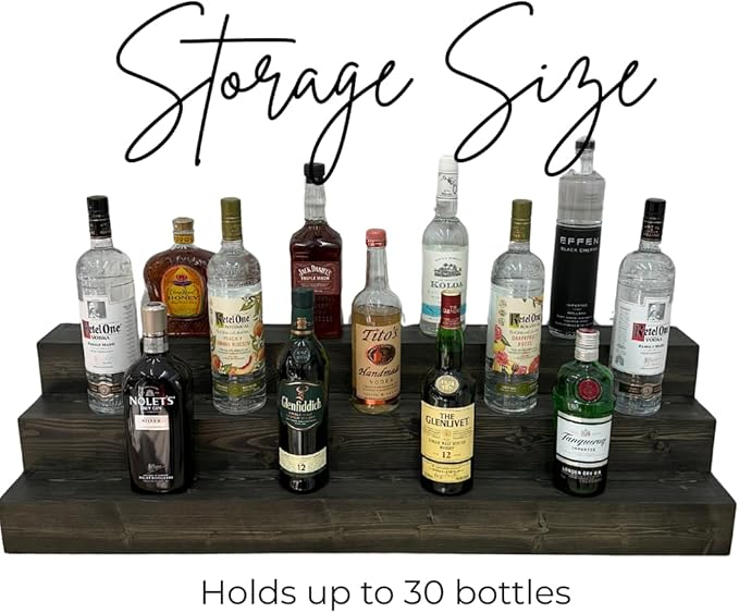 Handmade Tiered Display Shelving - Three Tier Bar Display - Bar Organizer - Liquor Bottle Display (42" with Back, Black)
