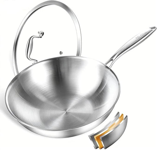 DELARLO Tri-Ply Stainless Steel Woks, 12 Inch Healthy Non-Toxic Cooking Wok Pan with Lid, Wide & Deep Cookware Stir-Fry Pans, Dishwasher and Oven Safe Up To 600째F, Works on Induction