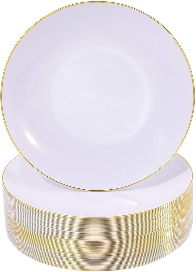 Nervure 100 Pieces Gold Plastic Plates - 10.25 inch Gold Dinner Plates - Heavyweight White and Gold Disposable Plates Ideal for Wedding & Party & Thanksgiving