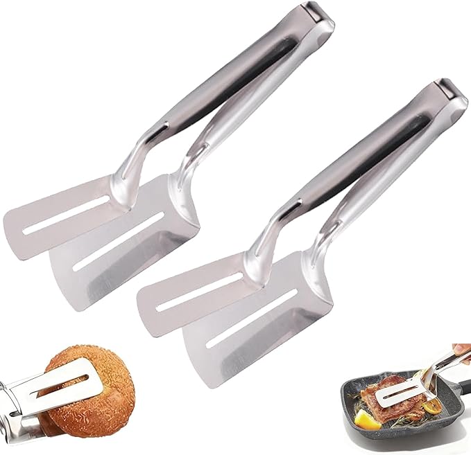 Stainless Steel Grill Clamp, 10 Inch Steak Clamps Anti-Scald Extended Handle Spatula Tongs Versatile Kitchen Tongs Food Flipping Tool for Bread Hamburger BBQ Meats Pizza Pies Bread Fish (2)