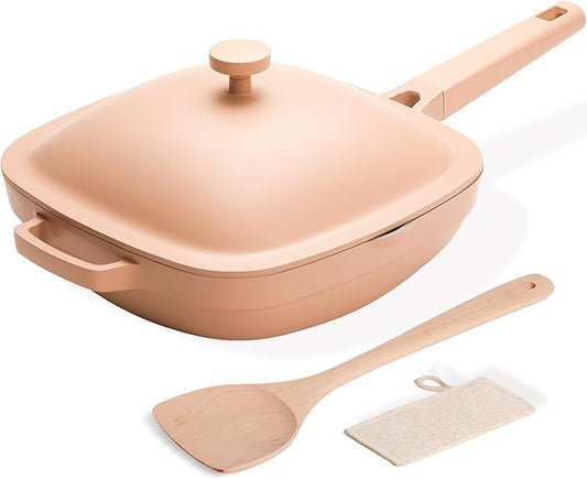 10.5 Inch(3.8QT) Ceramic Pan with Lid,Non Stick Frying Pans Cast Aluminum Deep Saut챕 Pans,Ti-Ceramic Non Toxic Pix Pan with Wooden Spatula and Scrubber-Desert Clay