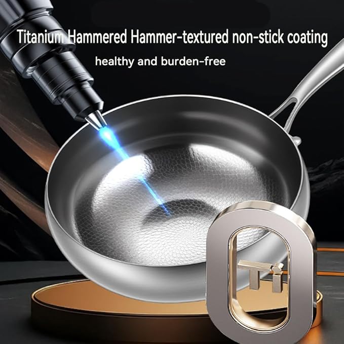 Titanium Hammered Pan with Lid, Thickened Multi-Layer Stock Pot, Titanium Wok Pan, Scratch-Resistant Non Stick Titanium Frying Pans, Even Heating for Cooking,9.44in/lid