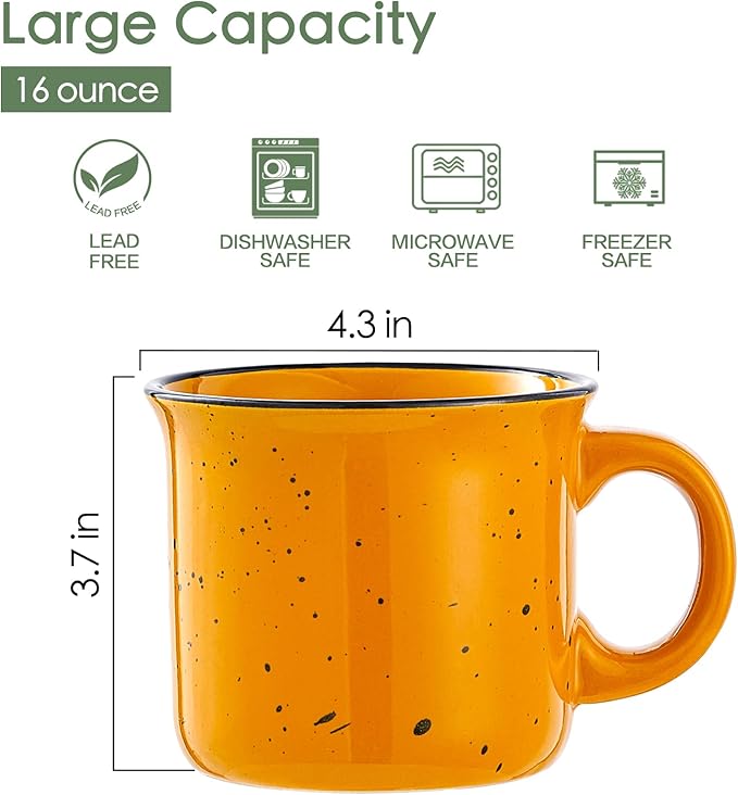 bestone Coffee Mugs Set of 4竊?6 oz Large Coffee Mugs, Ceramic Mugs with Handles,Salad,Noodles etc Coffee Mugs, Cups for Coffee Cereal Latte 竊똌icrowave & Dishwasher safe竊똜ellow