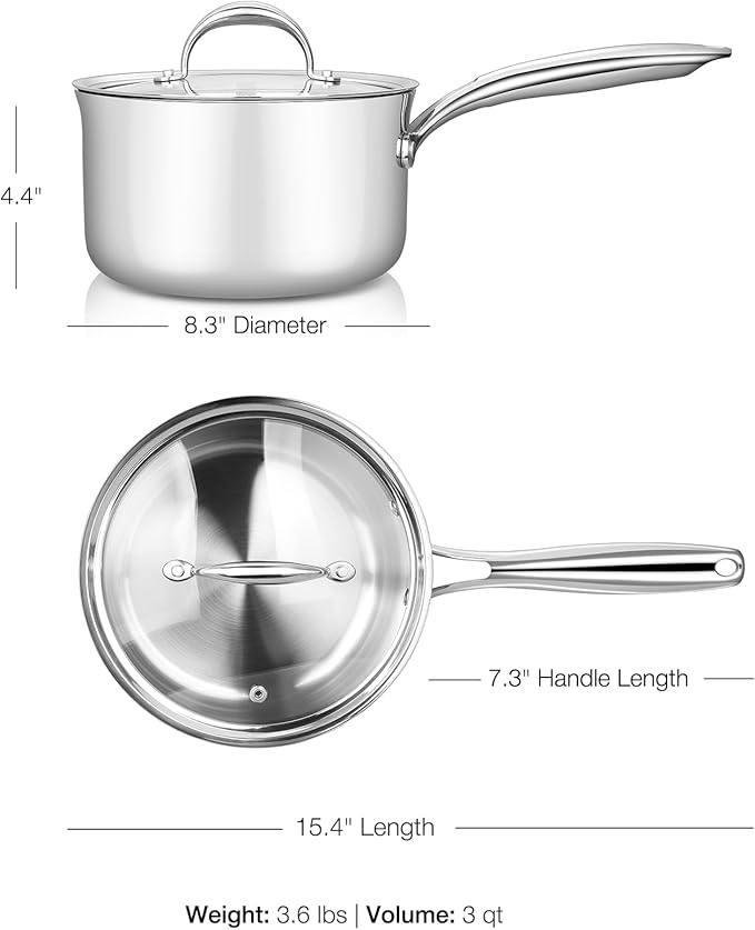 KEAWELL K3 Premium 3-Quart Tri-Ply Stainless Steel Saucepan with Lid, Induction & Oven Safe up to 600째F, Even Heating, Professional Cookware for All Stovetops (3-Qt)