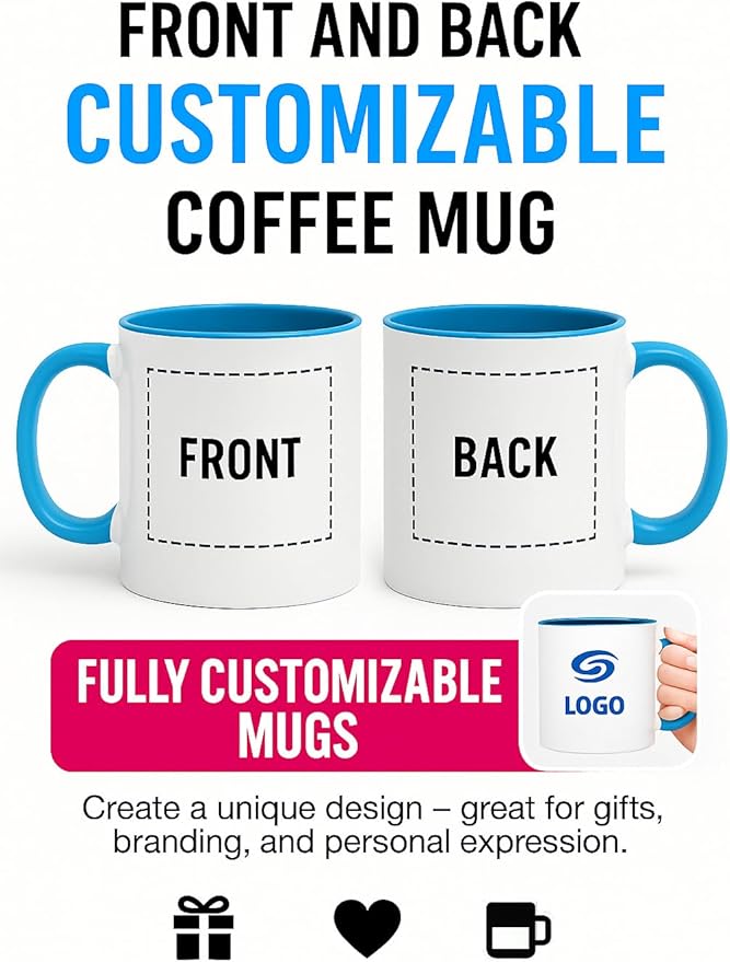 Personalized Coffee Mug | Custom Photo, Text, or Logo Cup (11oz, Light Blue Rim, Inner, and Handle) |Dishwasher & Microwave Safe |Unique Gift for Men & Women ?밫aza Personalizada