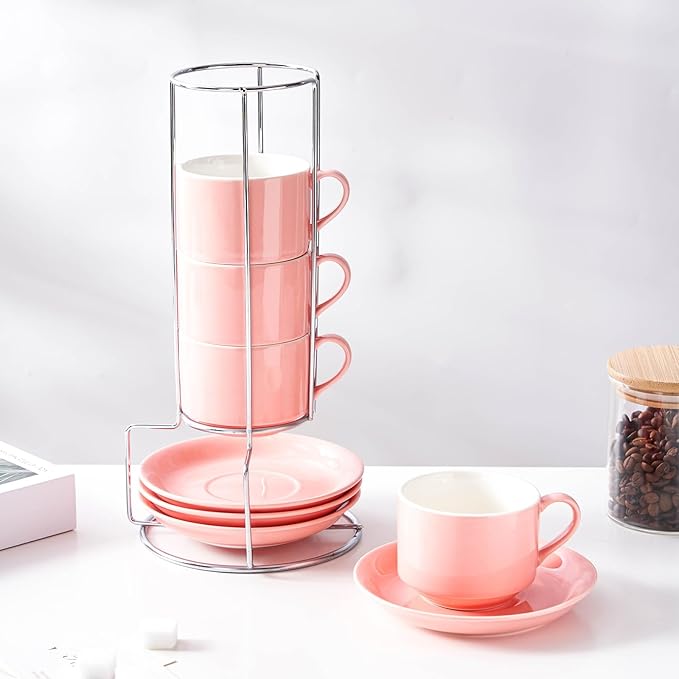2.5oz Espresso Cups Set of 4, Small Stackable Coffee Cups with Saucers and Metal Stand, Ceramic Demitasse Cups, Cappuccino Cups for Coffee Drinks, Latte, Pink