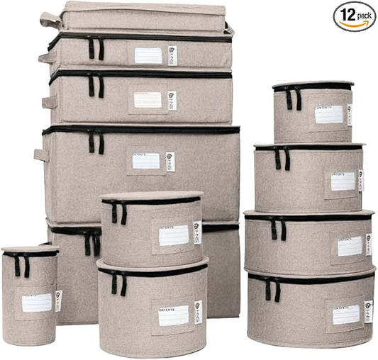 China Storage Hard Shell Containers 12-Piece Set Moving Boxes for Dinnerware, Glasses, Plates, Mugs and Saucers Sturdy Dish Organizer with Dividers for Seasonal Storage - Service for 12 - Brown