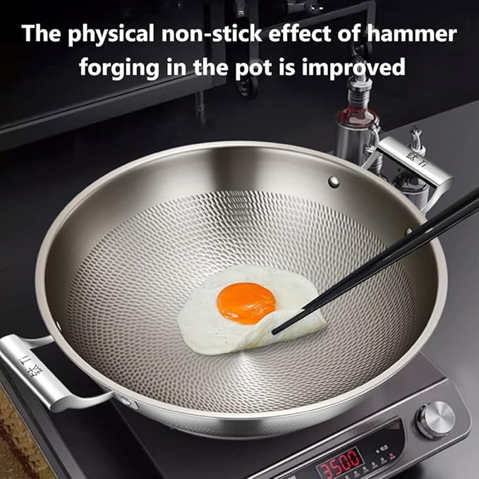 Titanium Hammered Wok with Double Handles, 2026 New Multifunctional Ultra-Durable Scratch-Resistant Non Stick Even Heating Titanium Wok for Cooking,with lid,15.75IN