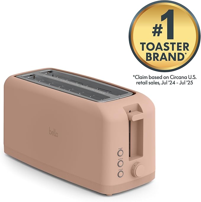 bella 4 Slice Slim Toaster, Fits-anywhere??Kitchenware, 6 Setting Shade Control with Reheat & Cancel Buttons, Fits Sourdough, 10??Long Slot, Anti Jam & Auto Shutoff, 900 Watt, Blossom