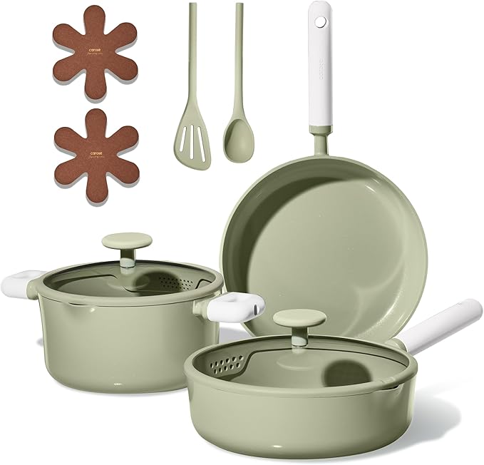 CAROTE Pots and Pans Set Nonstick, Ceramic Cookware Set, Green Cooking Set Kitchen Induction Set with Steamer, PFAS PTFE Free,9 Piece