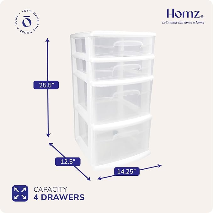 HOMZ Drawer Tower, 4-Tier Clear Plastic Storage Organizer Cart, White Frame ??Rolling Containers with Wheels for Bathroom, Bedroom, Office, and Classroom Organization
