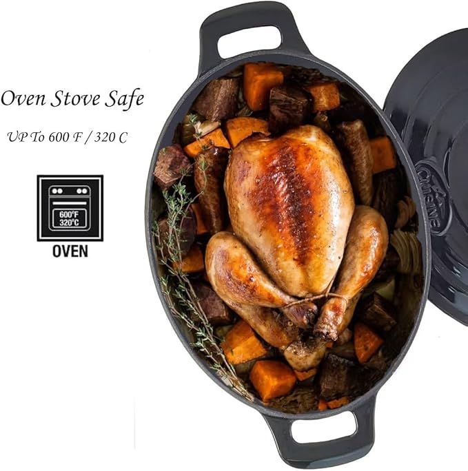 La Cuisine 6240MB Enameled Cast Iron Oval Dutch Oven Casserole 6.75 QT 33x25x16cm Matte Black Enamel Interior, Glossy Black Porcelain Enamel Coating Exterior