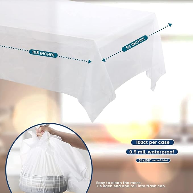 TULLIPAK BULK White Plastic Tablecloths | 100 Pack | 54inx108in | Fits standard folding and picnic tables | Folded, Easy Grab & Go | Rectangle Disposable Waterproof | 100 TABLECLOTHS | MADE IN THE USA