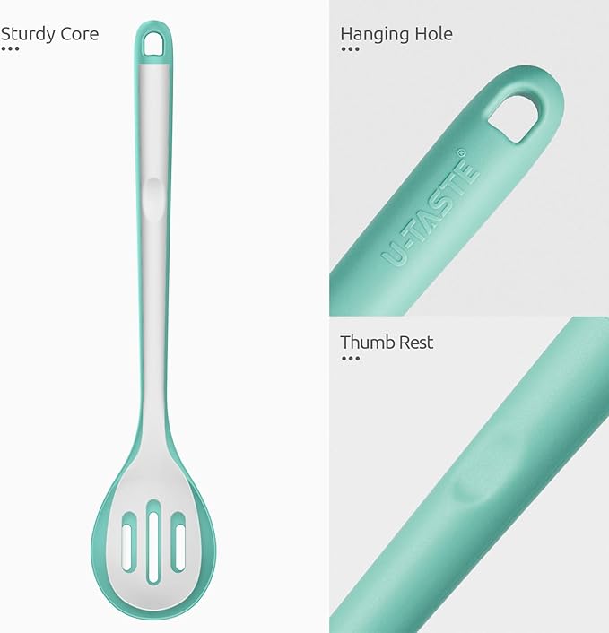 13.3" Slotted Cooking Spoon: U-Taste 600쨘F Heat Resistant Kitchen Mixing Spoon, Food Grade Nonstick Long and Large Rubber Soup Utensil for Serving, Stirring, Basting, for Pot Cookware (Aqua Sky)