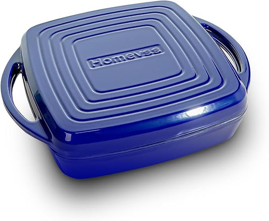 2-in-1 Square Enameled Cast Iron Dutch Oven 7QT Baking Pan and Gridle Lid with Dual Handles, Cast Iron Skillet lid, Coating Gridle for Baking, Braising and Grilling - Blue