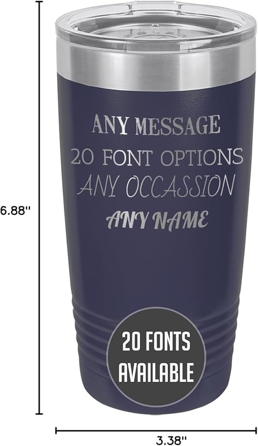 Personalized 20oz (17 Colors) Powder Coated Insulated Stainless Steel Tumbler with Lid, Custom Etched, Customized Text Message Name, Engraved Gift Idea Women Men Him Her, Your Text Here (Navy Blue)