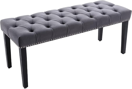KCC Button-Tufted Ottoman Bench, Upholstered Bedroom Benches Velvet Footrest Stool Accent Bench for Entryway Dining Room Living Room Bedroom End of Bed, Dark Gray