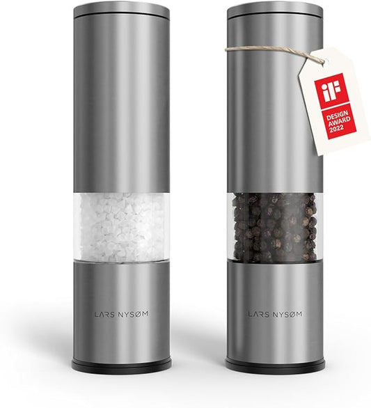 LARS NYS횠M Salt and Pepper Grinder Set Manual, Stainless Steel Salt and Pepper Mills with Adjustable Ceramic Grinder I Design Spice Shakers (Stainless Steel)