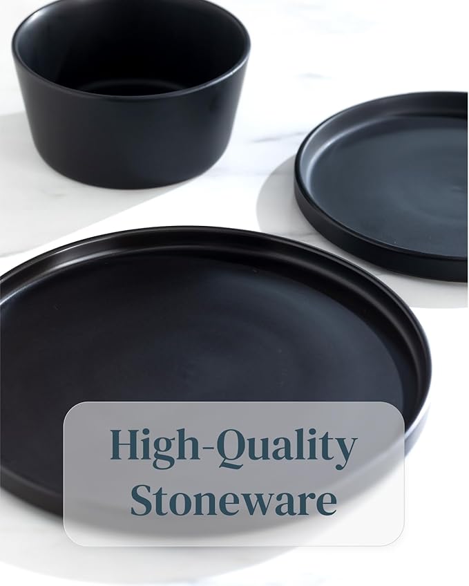 Stoneware dinnerware set 8 persons 24 pcs ??Ultra chic matte black plates and bowls set ??Dishwasher and microwave safe ??Bowl and plate set ??Dinner service Pure Living