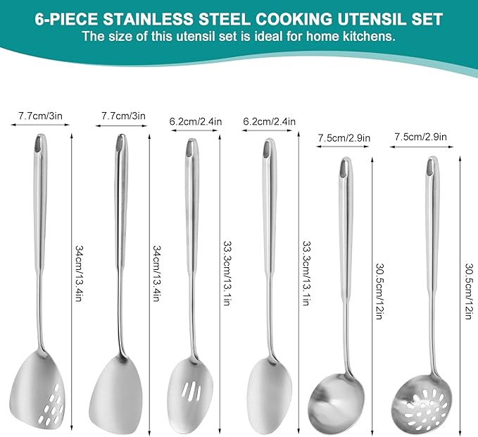 6Pcs Stainless Steel Kitchen Utensils Set ??Cooking Utensils Set Stainless Steel, Metal Cooking Utensils with Wok Spatula, Serving Spoons,Ladle Set??Durable Cooking Supplies for Home and Camping