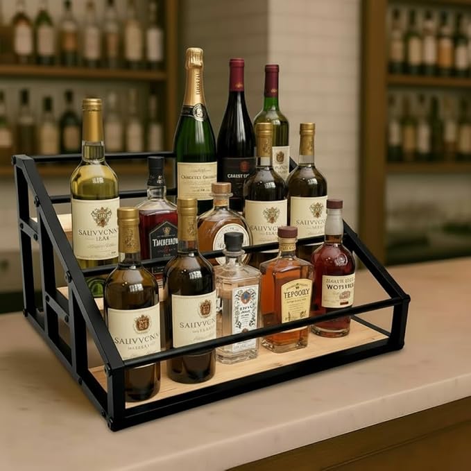 AT-VALY 3-Tier Liquor Bottle Display Shelf, Iron&Bamboo Countertop Wine Rack, Liquor Cabinet for Home Decor, Mini Bar (Black)