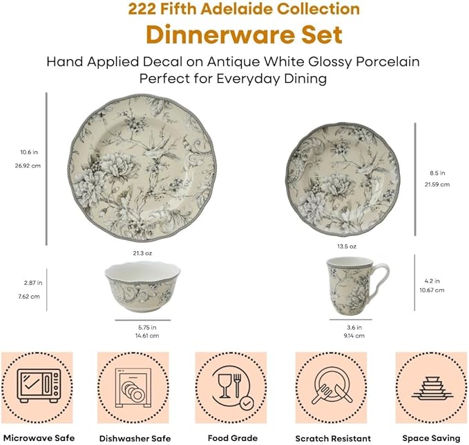 222 Fifth Adelaide 16-Piece Traditional Antique White Porcelain Dinnerware Set ??Service for 4, Romantic Bird & Floral Design, for Everyday Dining & Entertainment, Microwave & Dishwasher Safe