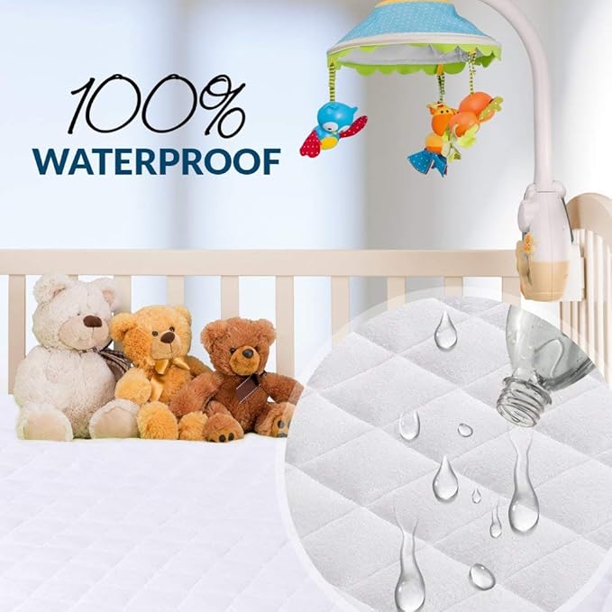 Crib Mattress Protector 100% Waterproof, Noiseless ??Viscose Made from Quilted Ultra Soft White Terry Fitted Sheet Style (28"x52")