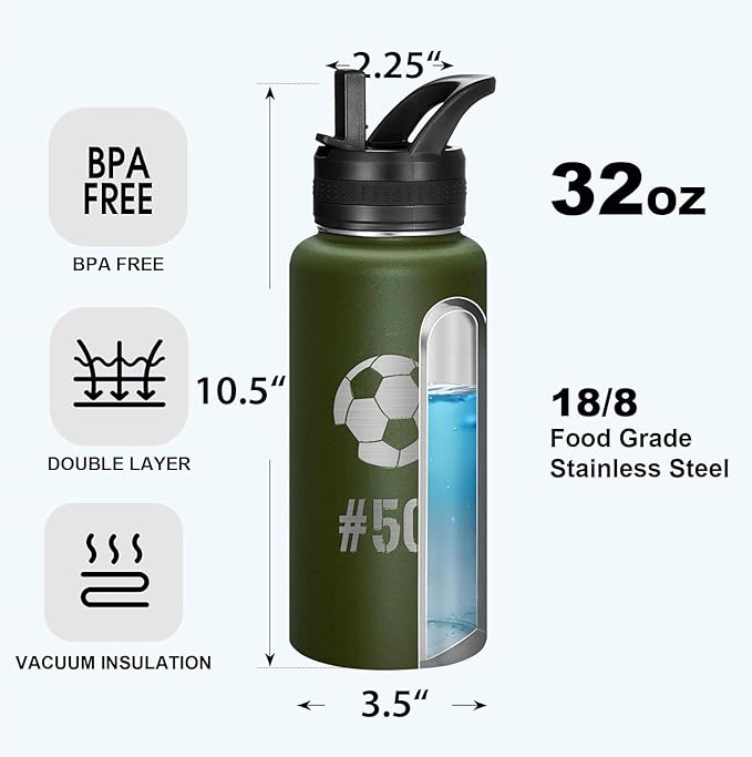 Personalized Laser Engraving Custom Water Bottle Print in USA 32oz Double Wall Stainless Steel Leakproof Wide Mouth Cup with Flip Straw