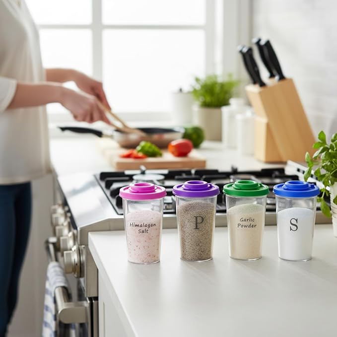Plastic Salt and Pepper Shakers Set with 4 Color Lids & 20 Labels ??Clear Spice Jars, Reusable, Refillable Seasoning Containers for Kitchen, Cooking, Baking ??Easy Storage & Organization