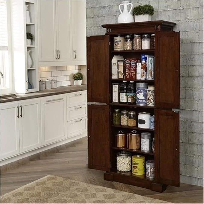 BOWERY HILL Traditional 4 Shelves Wood Kitchen Pantry in Brown Cherry