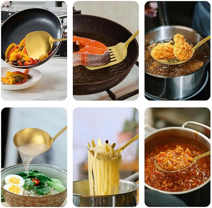 Gold 304 Stainless Steel Kitchen Utensils Set, VALESKA 6 PCS Metal Cooking Utensils Set, metal spoon,Wok Spatula, Ladle, Skimmer Slotted Spoon, Serving Large Spoon, Slotted Spatula Tunner