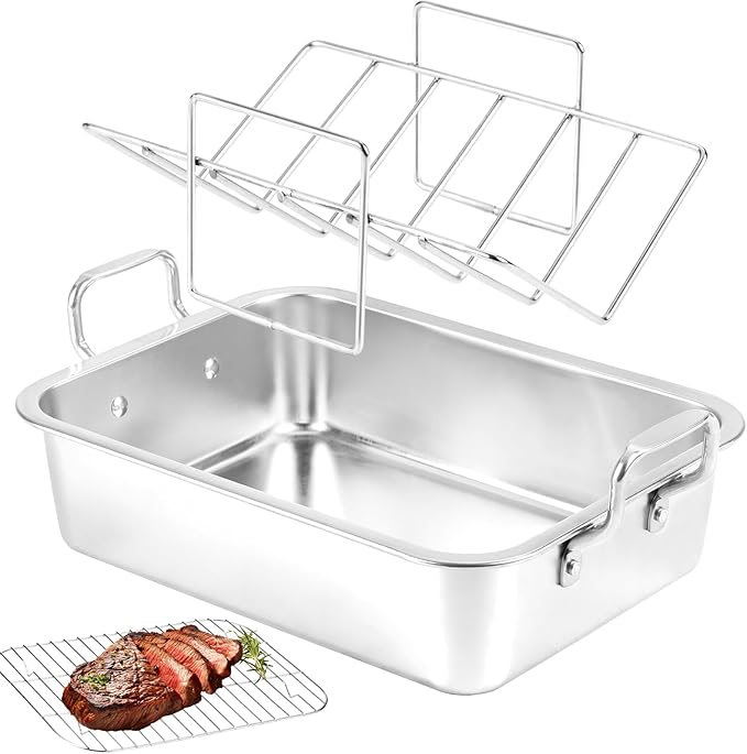 Roasting Pan with Cooling Rack - Stainless Steel Large Turkey Roaster Pan for Turkey, Chicken, Ham Roaster with V-Shaped Baking Rack Heavy Duty Dishwasher Safe