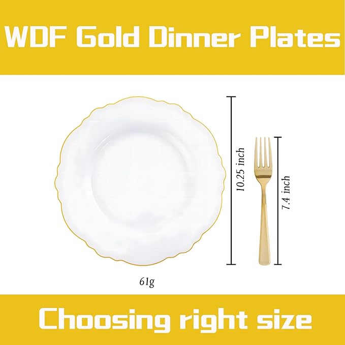 WDF 60pcs Gold Plastic Dinner Plates -10.25inch Baroque White and Gold Plates Fancy Heavy Duty Plastic Plates for Upscale Valentine's Day & Wedding & Birthday